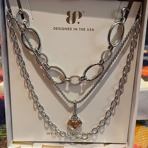 New in Box BP Luxe Layers 3 Necklace Set, Silver Plated w/ CZ (topaz color)